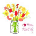 Happy Mathers Day typography banner. Lily of the valley, tulip, daffodil in jar. Art spring red, pink, yellow white